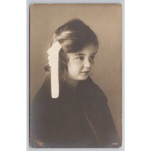 Vintage Sepia Photograph Young Girl White Ribbon Dark Shawl Portrait